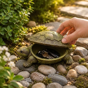 May include: A green turtle-shaped outdoor key holder with an open lid, revealing keys inside. The decorative storage container is made of a textured material and sits among rocks and greenery.