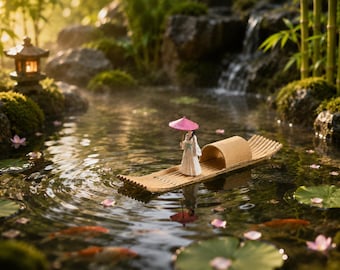 Mini barca flotante de bambú, adorno japonés para estanque estilo zen, decoración de balsa en miniatura