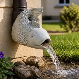 Op de afbeelding: Een grijze, visvormige tuinwaterfontein. De fontein is aan een muur bevestigd en verbonden met een regenpijp. Water stroomt uit de bek van de vis in een kleine beek. De fontein is omgeven door groen en rotsen.