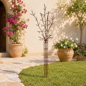 May include: A brown metal garden stake featuring a cylindrical wire cage base and a top section shaped like bare, branching tree limbs. The structure is constructed from thin, rigid metal rods and is designed to be inserted into the ground.