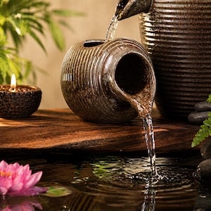 Puede incluir: Una pequeña fuente de cerámica marrón con agua fluyendo hacia una piscina. La fuente tiene una superficie texturizada y está rodeada por una vela, un nenúfar rosa y vegetación. El agua crea ondulaciones en la piscina.