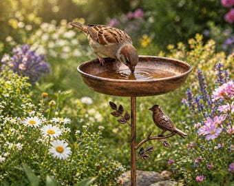 Vintage Metal Bird Bath Feeder Stake, Garden Wildlife Decor, Rustic Bird Bowl