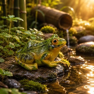 Może przedstawiać: Szczegółowe ujęcie zielono-żółtej statuetki żaby siedzącej na skale w pobliżu małego strumienia. Żaba ma duże, pomarańczowe oczy i jest otoczona bujną zielenią, mchem i łodygami bambusa. Scena jest oświetlona przez światło słoneczne.