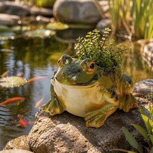 以下が含まれることがあります： 緑とベージュのセラミック製のカエルのプランターで、小さな緑の植物が入っています。 カエルは大きなオレンジ色の目を持ち、魚のいる池の近くの岩の上に座っています。