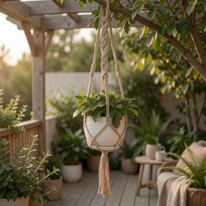 May include: A beige macrame plant hanger with a white ceramic pot filled with green leafy plants. The plant hanger is suspended from a tree branch, with a tassel at the bottom. The background shows a wooden deck and other potted plants.
