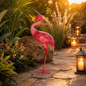 Rosa metallflamingo-trädgårdsstaty, lager på lager av fjäderträdgårdskonst, tropisk utomhusskulptur