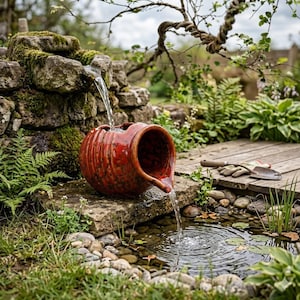 Könnte beinhalten: Ein roter Keramik-Wasserbrunnen, aus dem Wasser in einen kleinen Teich fließt. Der Brunnen steht auf einer Steinplatte, mit einer Steinmauer und Grün in der Hintergrund. Ein Holzsteg und Gartengeräte sind ebenfalls zu sehen.