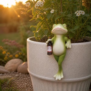 Puede incluir: Una caprichosa figura de rana verde sosteniendo una pequeña botella de cerveza, apoyada contra una maceta grande y de color claro. La rana tiene un vientre blanco y está colocada cerca de una planta con pequeñas flores blancas. El fondo presenta una escena borrosa al aire libre con luz solar.