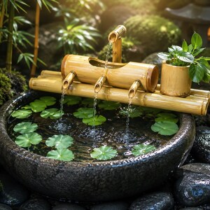 May include: A bamboo water fountain with multiple spouts, set in a stone basin filled with water and lily pads. The fountain is surrounded by rocks, greenery, and a small bamboo planter with a plant.
