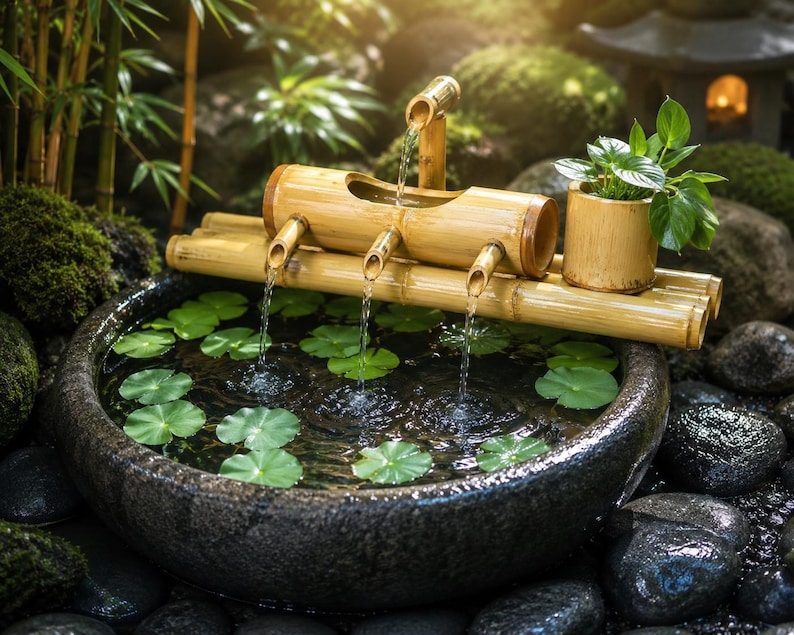 May include: A bamboo water fountain with multiple spouts, set in a stone basin filled with water and lily pads. The fountain is surrounded by rocks, greenery, and a small bamboo planter with a plant.