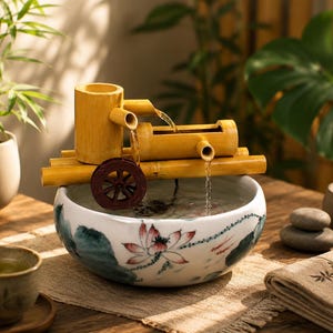 以下が含まれることがあります： 小さな水車と花柄の陶器のボウルを備えた竹の噴水。水は竹の注ぎ口からボウルに流れ込みます。 ろうそくの火と一杯のお茶も見えます。