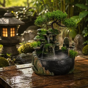 Könnte beinhalten: Ein Miniatur-Zen-Gartenbrunnen mit einem kleinen Bonsai-Baum, Kaskadenwasser und einem Steinbecken. Der Brunnen ist von üppigem Grün umgeben und steht auf einer Holzoberfläche. Im Hintergrund befindet sich eine Steinlaterne.