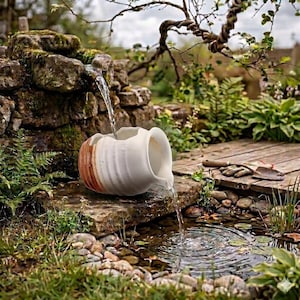 Puede incluir: Una jarra de cerámica blanca con detalles marrones y naranjas se coloca sobre una repisa de piedra, con agua cayendo de su pico a un pequeño estanque. La escena está ambientada en un exuberante jardín con un muro de piedra y una pasarela de madera.