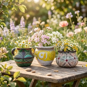 May include: Three decorative ceramic flower pots with colourful floral designs, each filled with fresh flowers. The pots sit on a weathered wooden table in a garden setting, with a blurred background of greenery and sunlight.