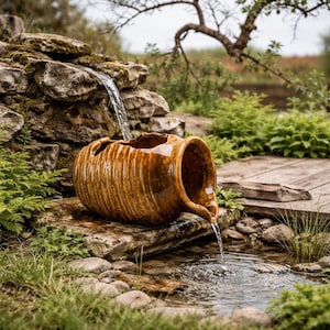Puede incluir: Fuente de agua decorativa para exteriores con una maceta de cerámica marrón. El agua fluye del pico de la maceta a un pequeño estanque. La maceta está colocada sobre una superficie de piedra, rodeada de vegetación y una pequeña cascada.