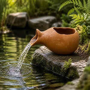 Può includere: Una fontana d'acqua in terracotta con acqua che scorre in uno stagno. La fontana ha una forma arrotondata con un beccuccio, posta su una roccia coperta di muschio. L'acqua crea increspature nello stagno, circondato dal verde.