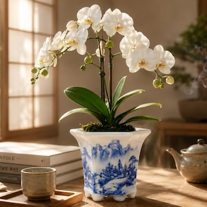 Könnte beinhalten: Eine weiße Orchidee in einem blau-weißen Porzellantopf mit Berglandschaftsdesign. Die Pflanze steht auf einem Holztisch mit Büchern, einer Teetasse und einer Teekanne. Der Hintergrund umfasst ein Fenster und einen Bonsai-Baum.
