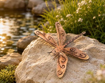 Rustic Copper Dragonfly Garden Decor, Metal Insect Sculpture, Pond Zen Art