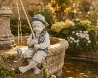 Fishing Boy Garden Statue, Cottage Decor, Resin Fisherman Figurine, Pond Ornament