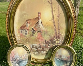 Vintage 1982 Siroco 3-teiliges ovales Goldgerahmtes Wandkunstset