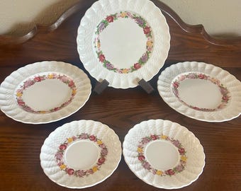 Vintage Copeland Spode “Rose Briar” Chelsea Wicker Plates – Set of 5 Mixed Sizes