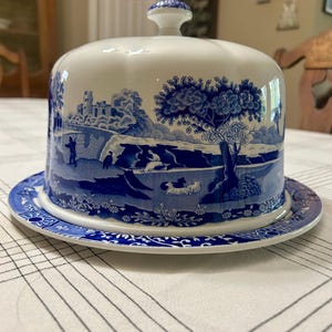 May include: A white and blue ceramic cheese dome with a matching plate. The dome features a blue landscape scene with a castle, trees, and figures. The plate has a decorative blue border. A small, round knob tops the dome.