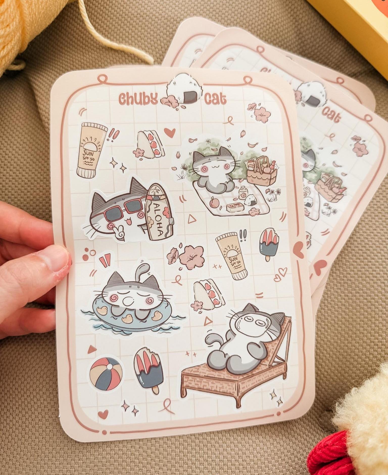Chubby Summer Cat Sticker Sheet | Kawaii Cat Vacation Stickers for ...