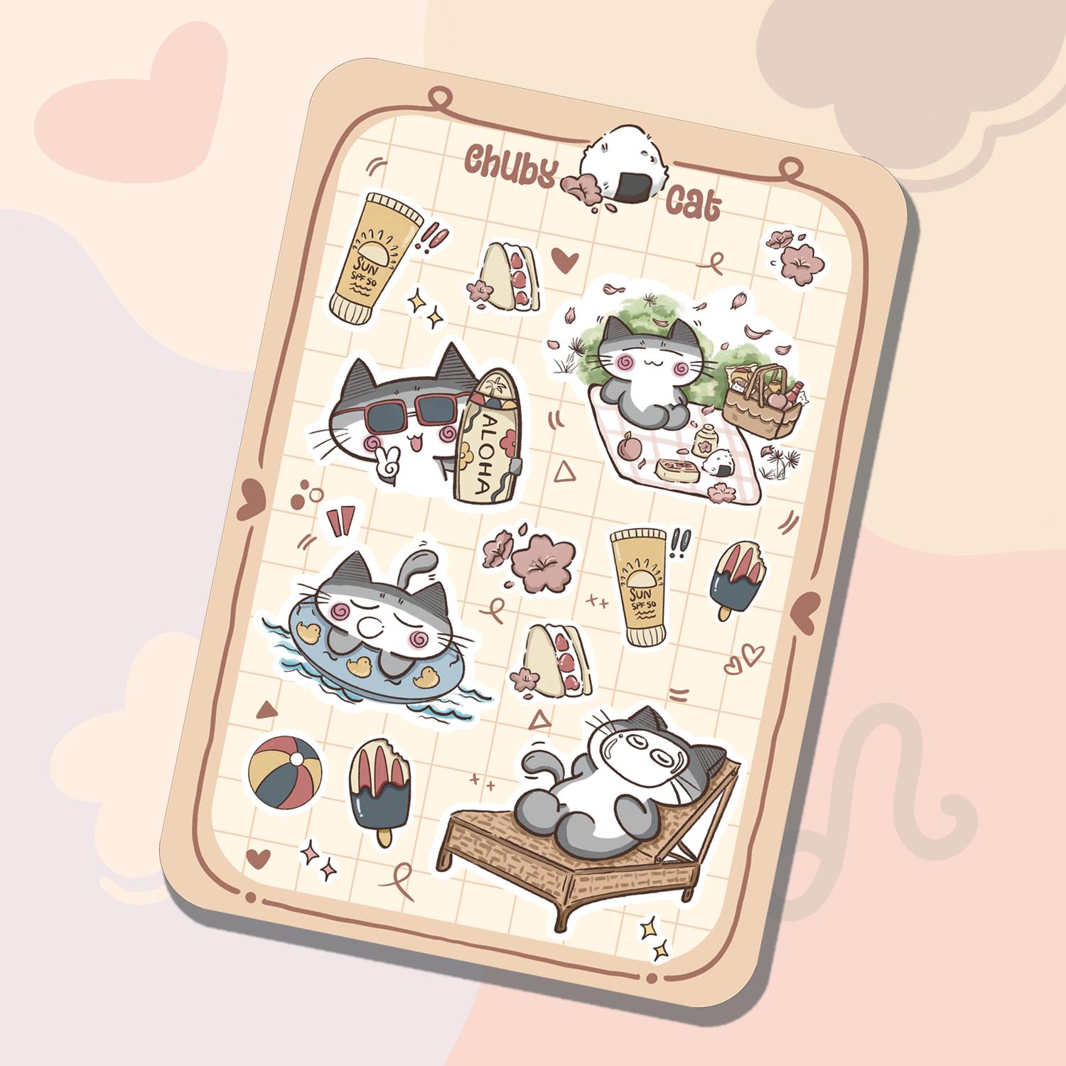 Chubby Summer Cat Sticker Sheet | Kawaii Cat Vacation Stickers for ...