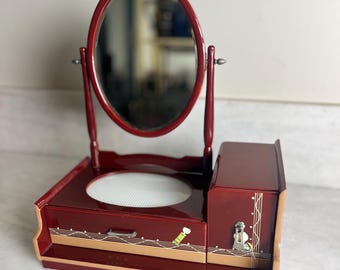 Coiffeuse japonaise vintage Kyodai - Souvenir maritime de la ligne NYK, coffret de maquillage de l'époque Showa en laque rouge