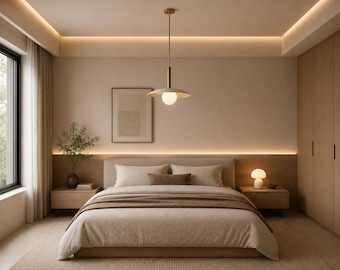 May include: A bedroom interior featuring a low-profile bed with beige bedding, a brass pendant light with a white globe, two wooden nightstands, a small mushroom-shaped table lamp, a framed wall print, and a tall wooden wardrobe cabinet.