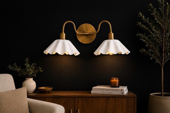 Vintage Brass Double Wall Sconce with Wavy White Shades | Modern Farmhouse Bathroom Vanity Light | Elegant Mid Century Wall Lamp
