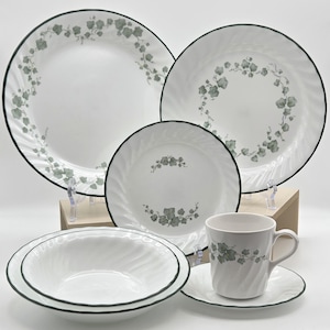 Vintage Corelle Calloway Ivy Dinnerware Set  7-Piece Place Setting | Corelle USA Dinnerware | Swirl Rim Glass Dishes by Corning