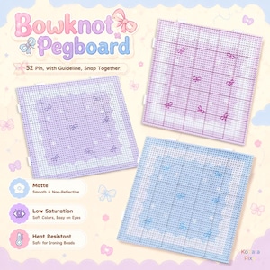 May include: Three square pegboards for fuse beads, featuring a grid pattern with small bowknot icons. Two boards are light purple and one is light blue. The text reads Bowknot Pegboard, 52 Pin, with Guideline, Snap Together, Matte, Low Saturation, and Heat Resistant.