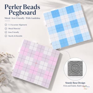 May include: Two square Perler beads pegboards, one with blue and white grid patterns and one with pink and white grid patterns. The text reads Perler Beads Pegboard, Metal, Iron-Friendly, With Guideline, 1:1 Accurate Alignment, and Sturdy Base Design.