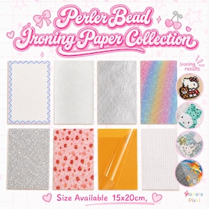 Peut inclure: Un ensemble de papier à repasser pour perles à repasser Perler Bead comprenant huit feuilles rectangulaires aux textures et motifs variés, dont des paillettes, des fraises et un film transparent, mesurant 15x20cm, avec des exemples de résultats.