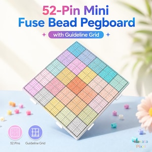 May include: A square, multi-colored fuse bead pegboard with a guideline grid. The pegboard is white with a grid of pastel colors, including pink, blue, yellow, and orange. Text on the image reads "52-Pin Mini Fuse Bead Pegboard".
