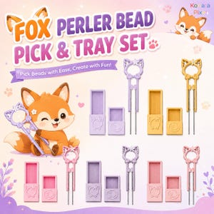 Cute Fox Perler Bead Picker Tool Set – Kawaii Bead Pen with 2 Sorting Trays for Fuse Beads, DIY Pixel Art Craft Accessories