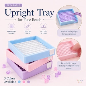 May include: A stack of three square plastic trays for fuse beads in light blue, pink, and purple. Each tray features internal ridges to keep beads upright, a white lift tab on one side for pouring, and a detachable design for easy bead access.