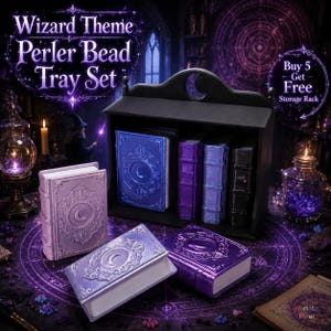 May include: A black wooden storage rack containing several book-shaped perler bead trays in shades of purple, blue, and black. The trays feature embossed crescent moon designs on the covers. Text on the image reads Wizard Theme Perler Bead Tray Set and Buy 5 Get Free Storage Rack.