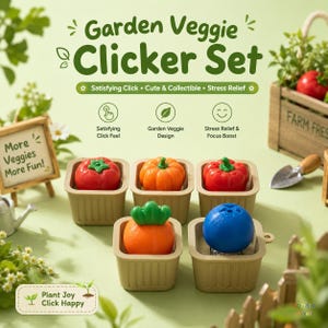 Pode incluir: Um conjunto de brinquedos sensoriais Garden Veggie Clicker Set com cinco vegetais coloridos em vasos quadrados bege. O conjunto inclui um tomate vermelho, uma abóbora laranja, um pimentão vermelho, uma cenoura laranja e uma baga azul.