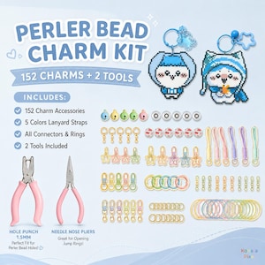 May include: A Perler Bead Charm Kit featuring 152 charms and 2 tools. Includes a hole punch, needle nose pliers, colorful lanyard straps, connectors, jump rings, and various metal clasps. Two finished pixel art character keychains are displayed.