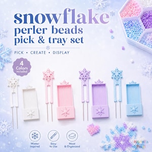 May include: A snowflake perler beads pick and tray set featuring four colors of plastic trays and matching snowflake-topped picks. The set includes white, pink, purple, and blue components, along with a container of assorted beads.