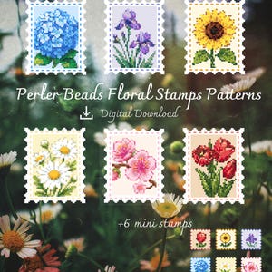 May include: Six pixel art floral stamp patterns featuring a blue hydrangea, purple iris, yellow sunflower, white daisies, pink cherry blossoms, and red tulips. The text reads Perler Beads Floral Stamps Patterns, Digital Download, and +6 mini stamps.