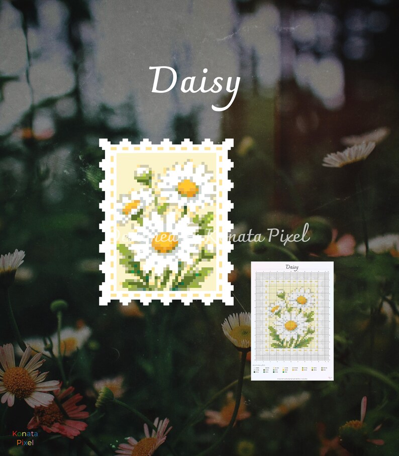 以下が含まれることがあります： 「Daisy」と題されたクロスステッチパターン。淡い黄色の背景に黄色い中心を持つ白いデイジーのピクセルアートイラストが切手型のグラフィックとして描かれ、詳細なグリッドチャートとカラーキーが添えられています。