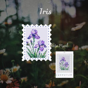 以下が含まれることがあります： 「Iris」と題されたクロスステッチパターン。紫色のアイリスの花と緑の茎や葉がピクセルアートで描かれ、白いスカラップ状の縁取りが施されています。隅には色分けされたグリッドパターンの小さなバージョンも表示されています。