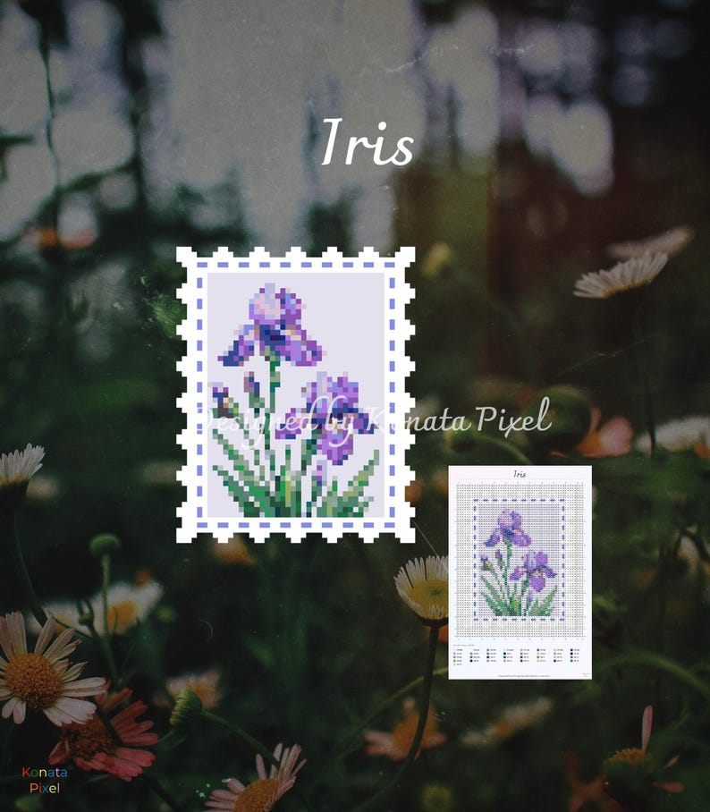 以下が含まれることがあります： 「Iris」と題されたクロスステッチパターン。紫色のアイリスの花と緑の茎や葉がピクセルアートで描かれ、白いスカラップ状の縁取りが施されています。隅には色分けされたグリッドパターンの小さなバージョンも表示されています。
