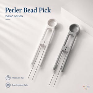 May include: Two Perler Bead Pick tools from the basic series, one white and one gray. Each tool features a circular top handle, a long rectangular body, and two thin metal prongs at the bottom. Text reads Perler Bead Pick, basic series.