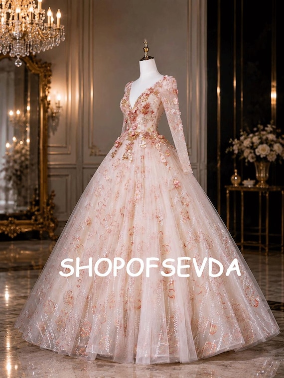Blush Pink Floral Ball Gown, 3D Flower Prom Dress, Long Sleeve Quinceanera Gown