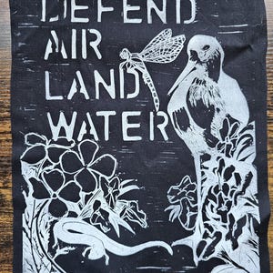 DEFEND Land Air Water Hand-Printed Linocut Patch | Conservation Nature Art | Sew-On Patch