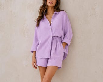 Cotton Gauze Two Piece Set, Women’s Shirt Shorts Lounge Outfit, Summer Muslin Pajama Set